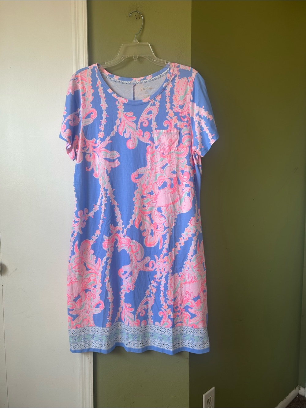 NWOT Lilly Pulitzer Blue and Pink  Star Fish Print Short Sleeve Shift Dress Sz X